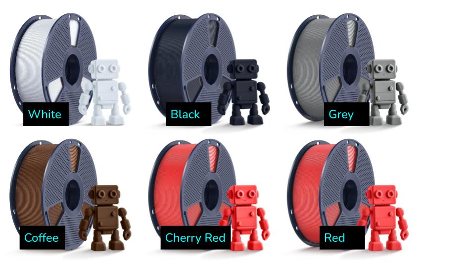 Photo showing sunlu PETG filament colors: White, Black, Grey, Coffee, Cherry Red, Red