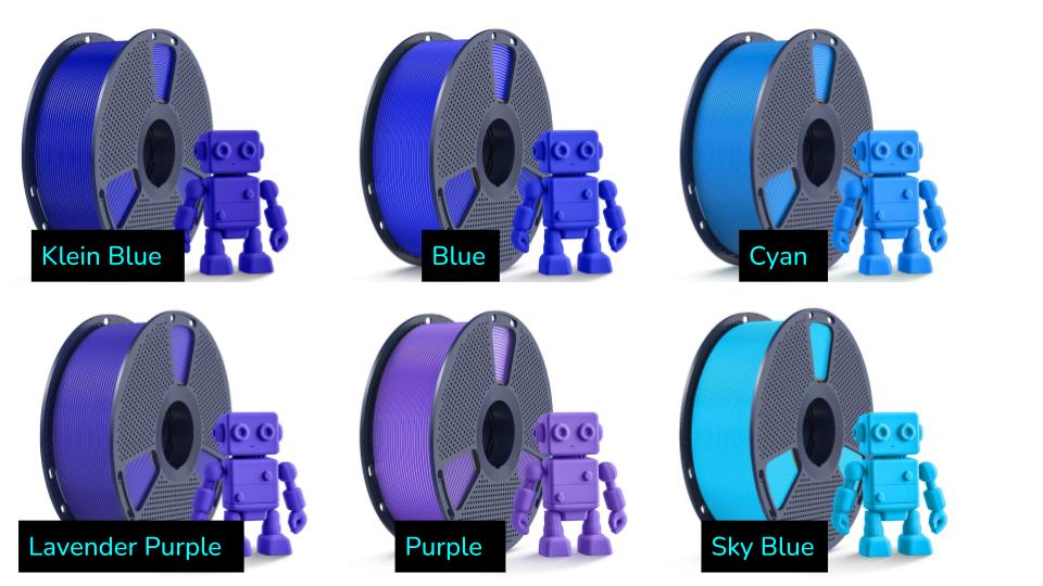Photo showing sunlu PETG filament colors: Klein Blue, Blue, Cyan, Lavender Purple, Purple, Sky Blue