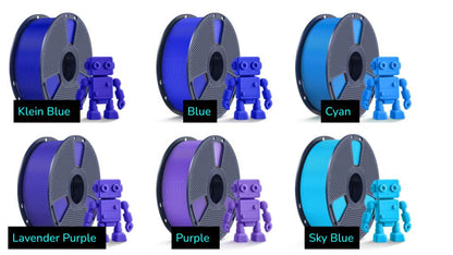 Photo showing sunlu PETG filament colors: Klein Blue, Blue, Cyan, Lavender Purple, Purple, Sky Blue