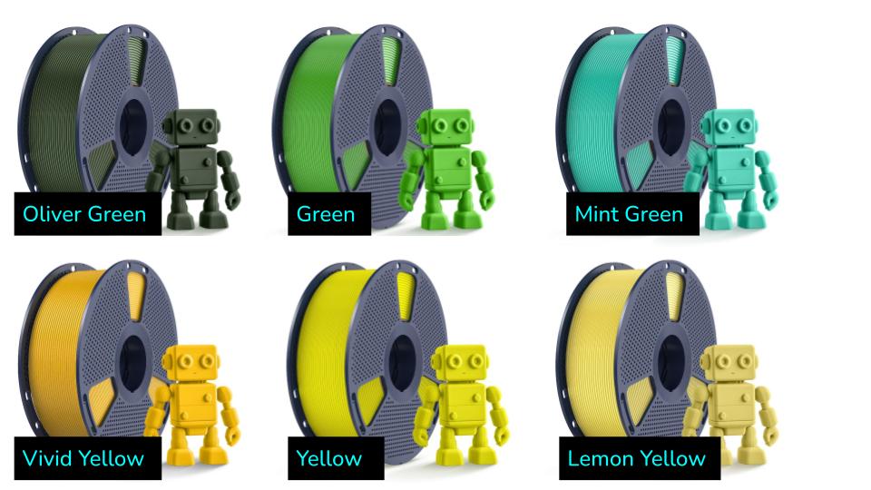 Photo showing sunlu PETG filament colors: Oliver Green, Green, Mint Green, Vivid Yellow, Yellow, Lemon Yellow