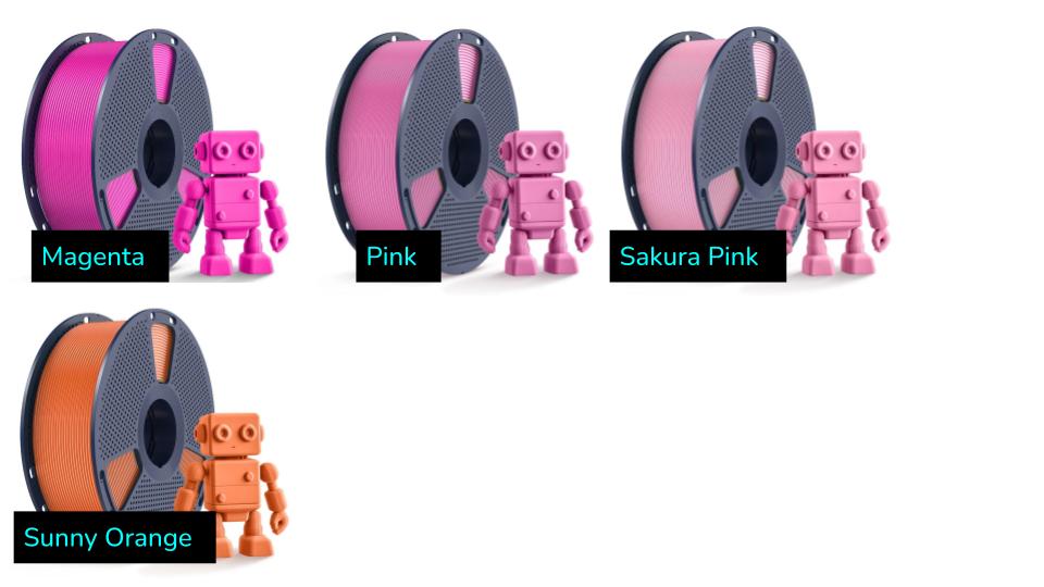 Photo showing sunlu PETG filament colors: Magenta, Pink, Sakura Pink, Sunny Orange