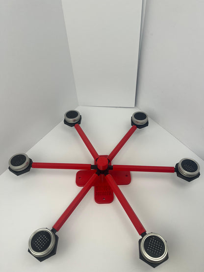 Large scent wheel with red base and arms and black spinner, cup holders, cup covers, and base topper