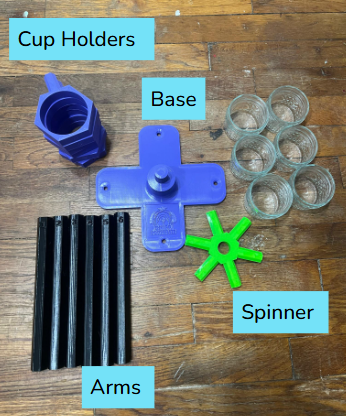 Set of components for a scent wheel on a wooden surface, labeled 'Cup Holders', 'Base', 'Arms', and 'Spinner'.