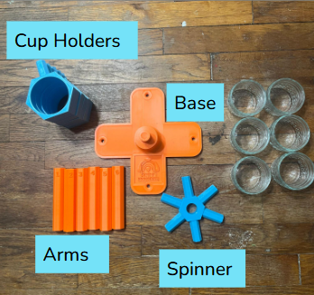 Photo shows the modular scent wheel taken apart; 6 glass ball jars, a plus sign shaped orange base with a place to put the spinner. The spinner is a sky blue ring with 6 arm attachment spots sticking out. There are 6 orange arms for the scent wheel, numbered 1-6. Finally, there are 6 sky blue glass cup holders with a similar attachment point to the lime green spinner. 